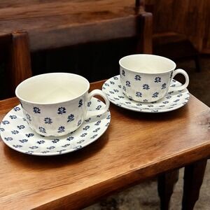 VTG Ralph Lauren Kate Denimware Blue Floral Cup and Saucer Set of 2 England